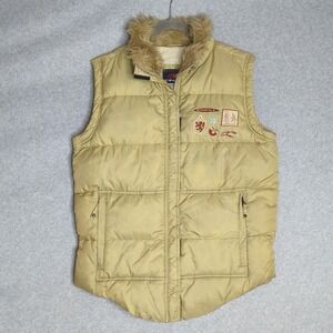 O'Neill Puffer Vest Womens Winter Fur Collar‎ Tan Embroidered Patches Gorpcore